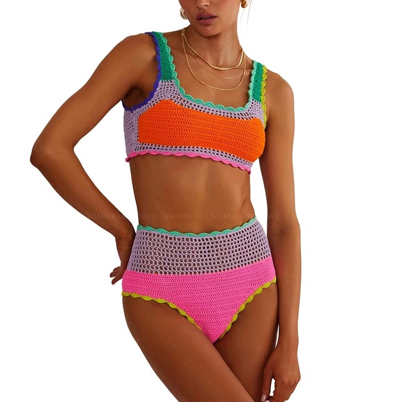 Beach Riot High-Waist Crochet Bikini Bottom in Pink, Lavender & Mint - Picture 4 of 11